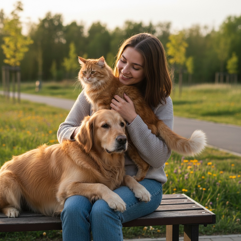 Dog and cat with person